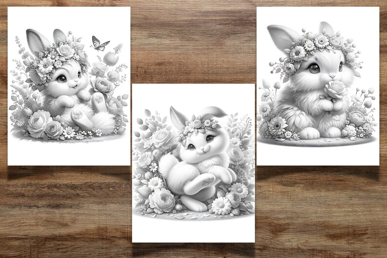 K&ouml;nnte beinhalten: Drei Schwarzwei&szlig;illustrationen von Kaninchen, die Blumenkr&auml;nze tragen. Jedes Kaninchen ist von Blumen und Gr&uuml;n umgeben. Das erste Kaninchen sitzt mit gekreuzten Pfoten. Das zweite Kaninchen sitzt mit den Pfoten unter dem Kinn. Das dritte Kaninchen h&auml;lt eine Blume in seinen Pfoten.