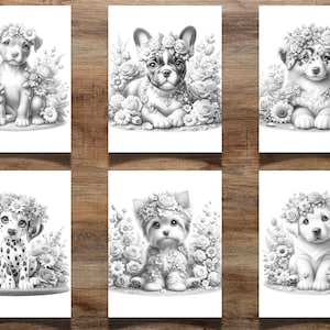 Pode incluir: Seis ilustra&ccedil;&otilde;es em preto e branco de c&atilde;es usando coroas de flores. Cada c&atilde;o &eacute; cercado por flores e vegeta&ccedil;&atilde;o. Os c&atilde;es s&atilde;o de ra&ccedil;as e tamanhos diferentes.