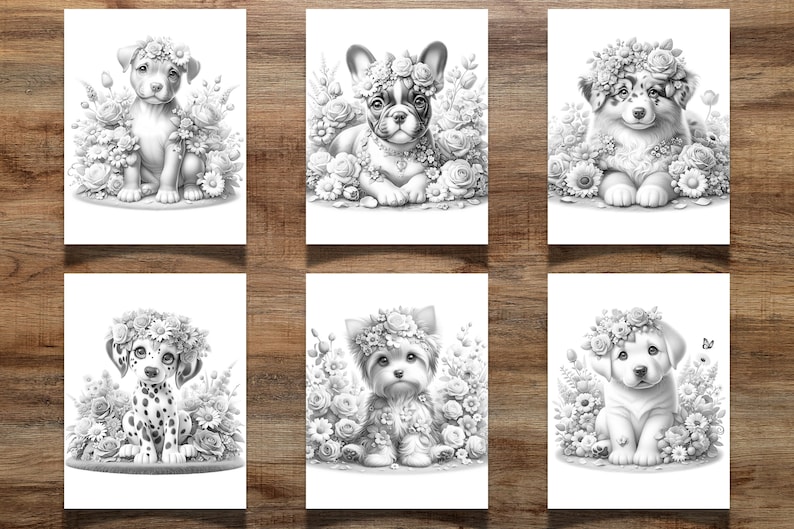 Pode incluir: Seis ilustra&ccedil;&otilde;es em preto e branco de c&atilde;es usando coroas de flores. Cada c&atilde;o &eacute; cercado por flores e vegeta&ccedil;&atilde;o. Os c&atilde;es s&atilde;o de ra&ccedil;as e tamanhos diferentes.