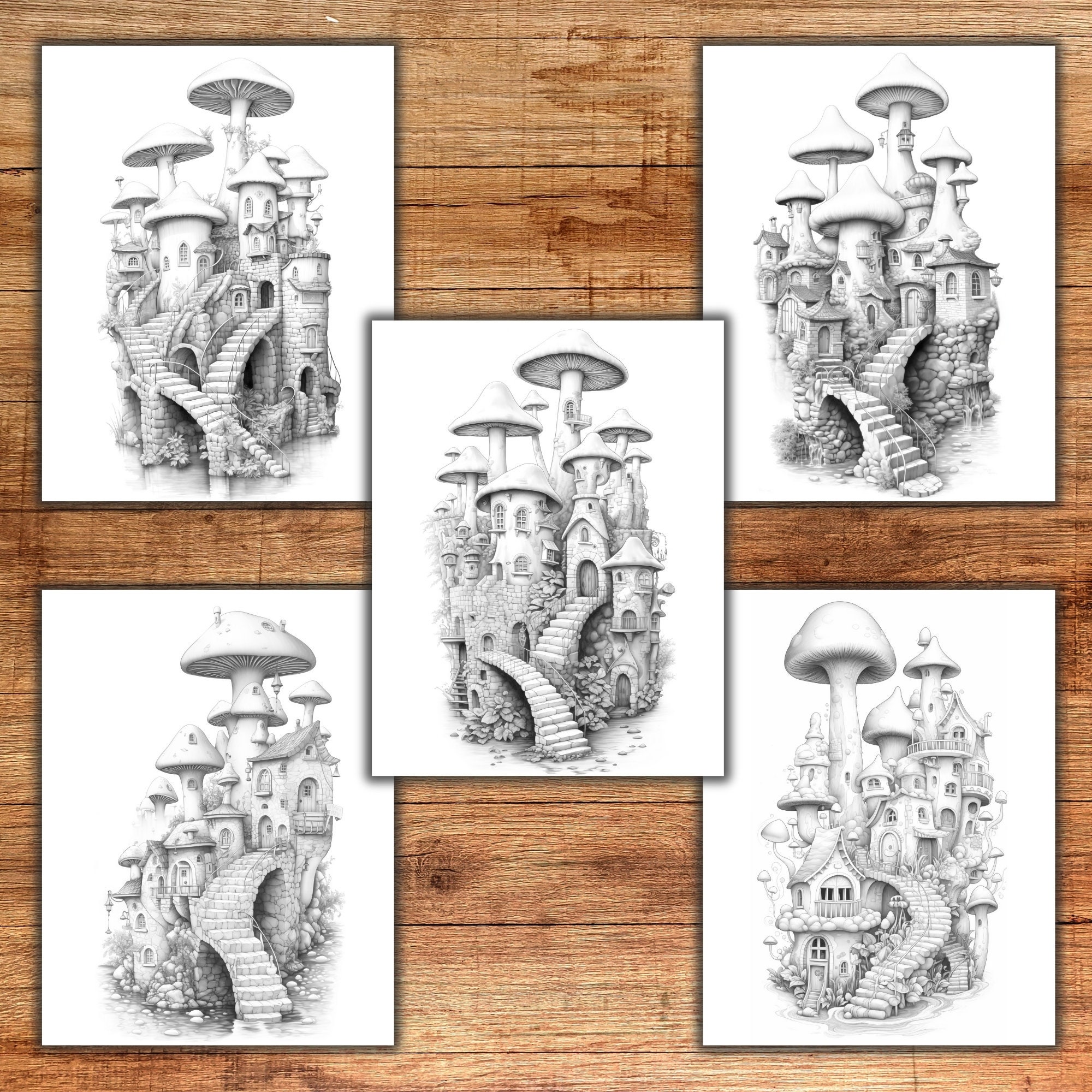 35 Mushroom Houses Coloring Pages for Adults and Kids, Grayscale ...