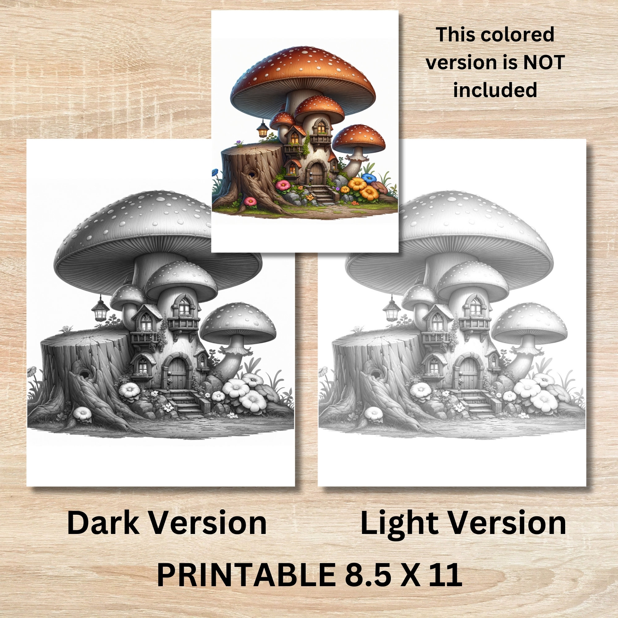 20 Mushroom Houses Coloring Pages for Adults and Kids, Grayscale ...