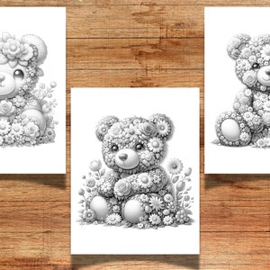 Puede incluir: Tres ilustraciones en blanco y negro de osos de peluche hechos completamente de flores. Cada oso est&aacute; sentado en una pose diferente. Los osos est&aacute;n rodeados de flores y hojas.