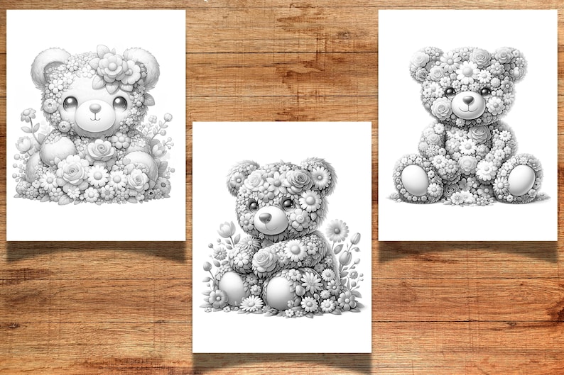 Puede incluir: Tres ilustraciones en blanco y negro de osos de peluche hechos completamente de flores. Cada oso est&aacute; sentado en una pose diferente. Los osos est&aacute;n rodeados de flores y hojas.