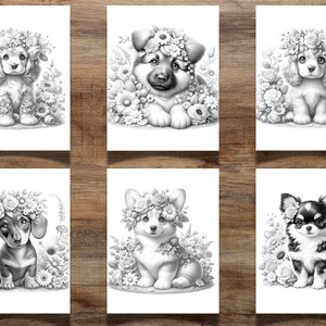 41 Filhotes de cachorro florais para colorir para crianças e adultos, filhotes fofos, páginas para colorir de filhotes, colorir em tons de cinza, colorir flores, colorir cachorros imagem 8