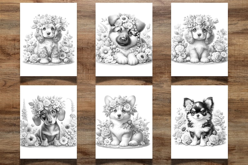 41 Filhotes de cachorro florais para colorir para crianças e adultos, filhotes fofos, páginas para colorir de filhotes, colorir em tons de cinza, colorir flores, colorir cachorros imagem 8