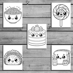 以下が含まれることがあります： かわいい漫画の食べ物キャラクターが描かれた、白黒の塗り絵5枚。キャラクターは、麺の入ったボウル、イチゴの乗ったケーキ、ロリポップ、タコス、サンドイッチです。