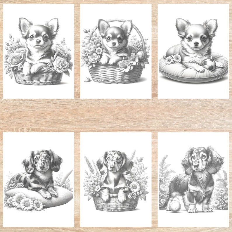 May include: A set of six black and white printable coloring pages featuring adorable dogs. The images include a chihuahua in a basket of flowers, a chihuahua on a pillow with a soccer ball, a dachshund in a basket of flowers, and a dachshund standing on a green surface with a soccer ball.