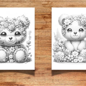 Puede incluir: Dos ilustraciones en blanco y negro de osos de peluche hechos de flores. Los osos est&aacute;n sentados en un campo de flores.
