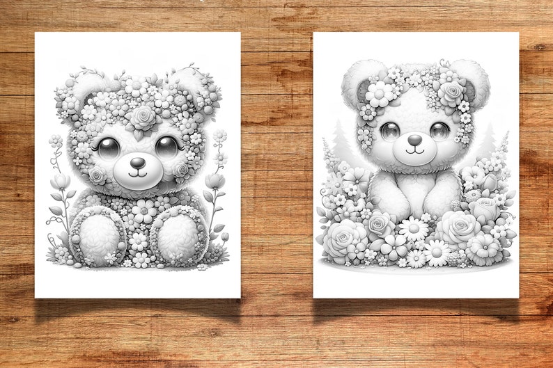 Puede incluir: Dos ilustraciones en blanco y negro de osos de peluche hechos de flores. Los osos est&aacute;n sentados en un campo de flores.