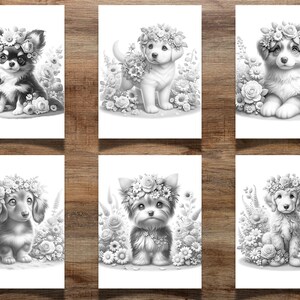41 Filhotes de cachorro florais para colorir para crianças e adultos, filhotes fofos, páginas para colorir de filhotes, colorir em tons de cinza, colorir flores, colorir cachorros imagem 5