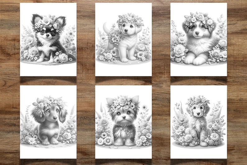 41 Filhotes de cachorro florais para colorir para crianças e adultos, filhotes fofos, páginas para colorir de filhotes, colorir em tons de cinza, colorir flores, colorir cachorros imagem 5