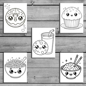 以下が含まれることがあります： かわいい漫画の食べ物キャラクターが描かれた、白黒の塗り絵6枚セット。キャラクターには、ドーナツ、マフィン、クッキー、シリアルボウル、ライスボウル、ストロー付きジュースグラスが含まれています。各キャラクターは、大きな目で笑顔をしています。