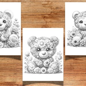 Puede incluir: Tres p&aacute;ginas para colorear en blanco y negro con osos de peluche hechos de flores. Cada oso est&aacute; sentado en una cama de flores.
