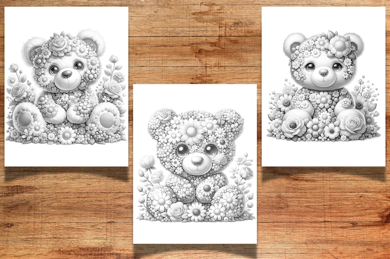Puede incluir: Tres p&aacute;ginas para colorear en blanco y negro con osos de peluche hechos de flores. Cada oso est&aacute; sentado en una cama de flores.