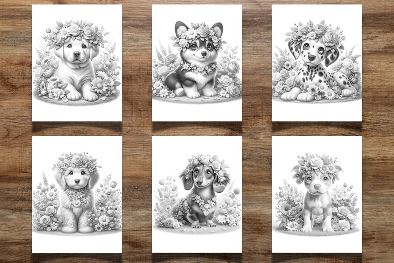 Pode incluir: Seis ilustra&ccedil;&otilde;es em preto e branco de filhotes usando coroas de flores. Cada filhote est&aacute; rodeado de flores e vegeta&ccedil;&atilde;o.