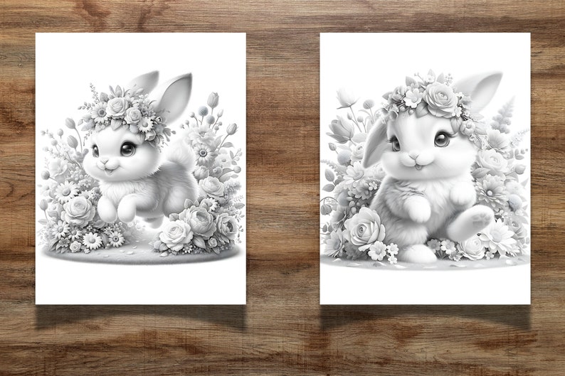 K&ouml;nnte beinhalten: Zwei Schwarzwei&szlig;illustrationen von Kaninchen, die Blumenkr&auml;nze tragen. Die Kaninchen sind von Blumen umgeben.
