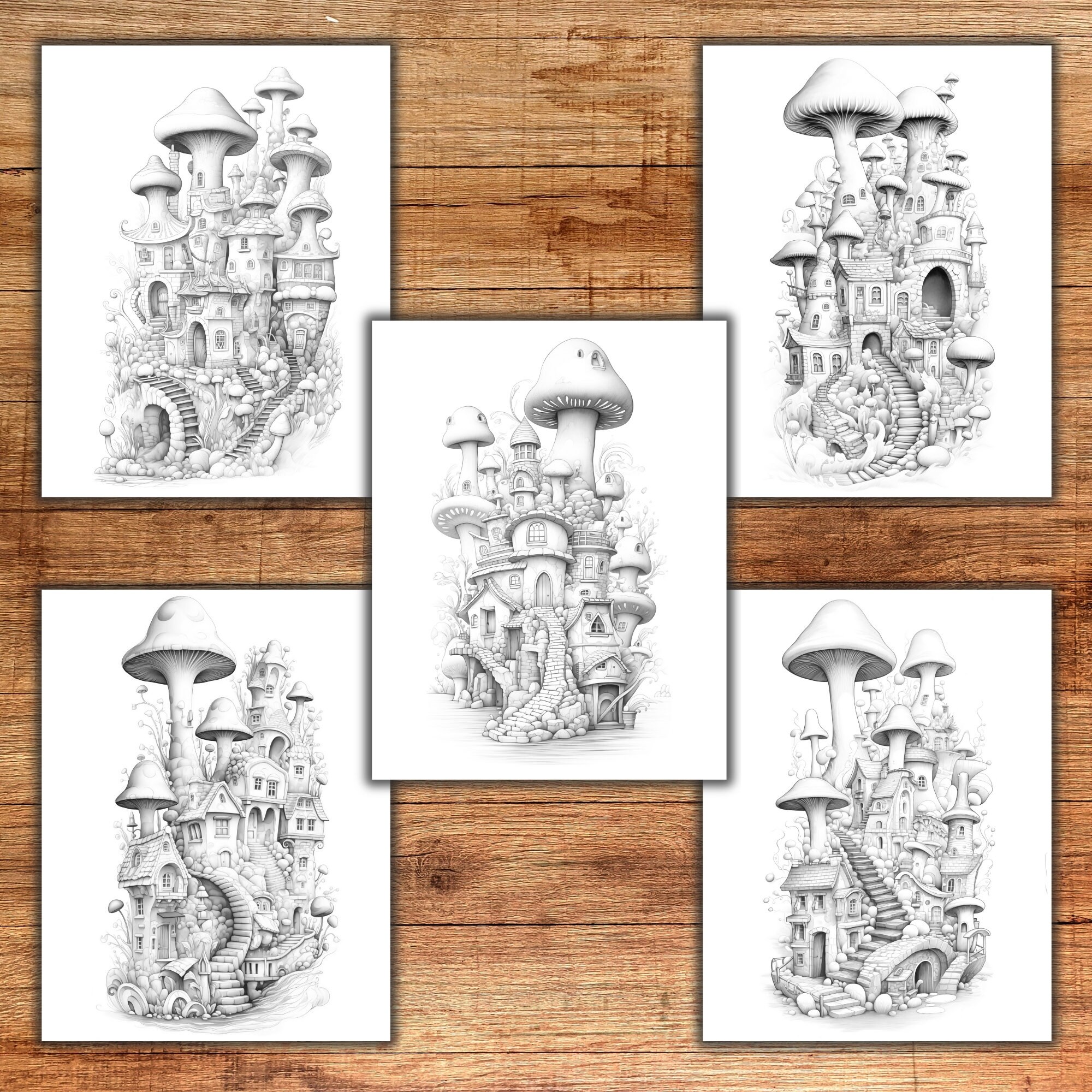35 Mushroom Houses Coloring Pages for Adults and Kids, Grayscale ...