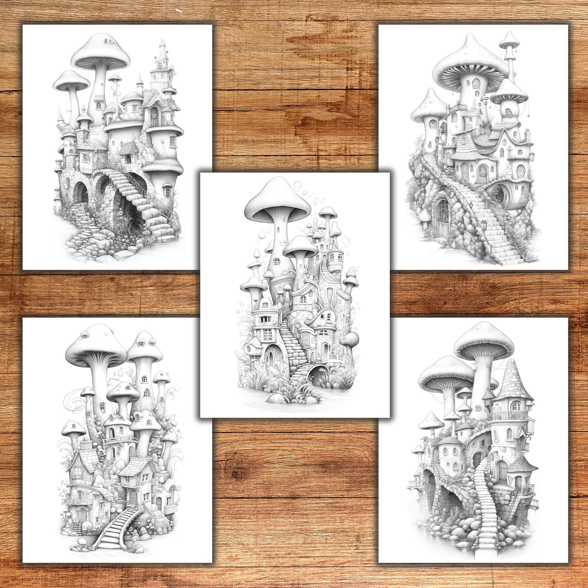 35 Mushroom Houses Coloring Pages for Adults and Kids, Grayscale ...