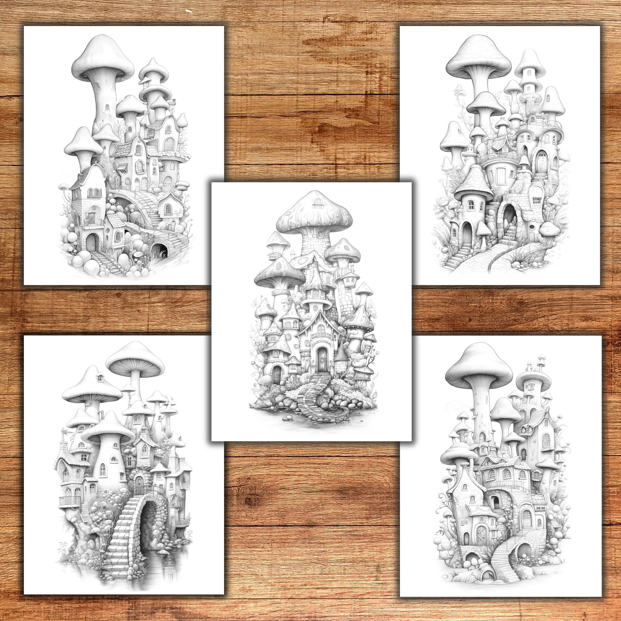35 Mushroom Houses Coloring Pages for Adults and Kids, Grayscale ...