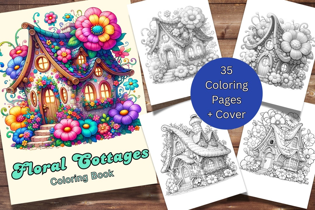 35 Floral Cottages Coloring Pages for Adults and Kids, Whimsical ...