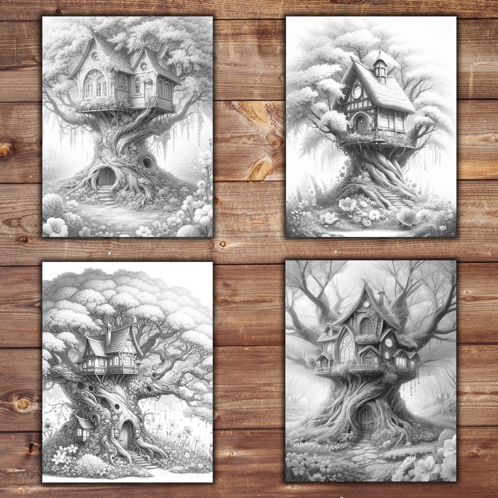 32 Elf Houses, Cherry Blossom Treehouse Coloring Pages for Adults and ...