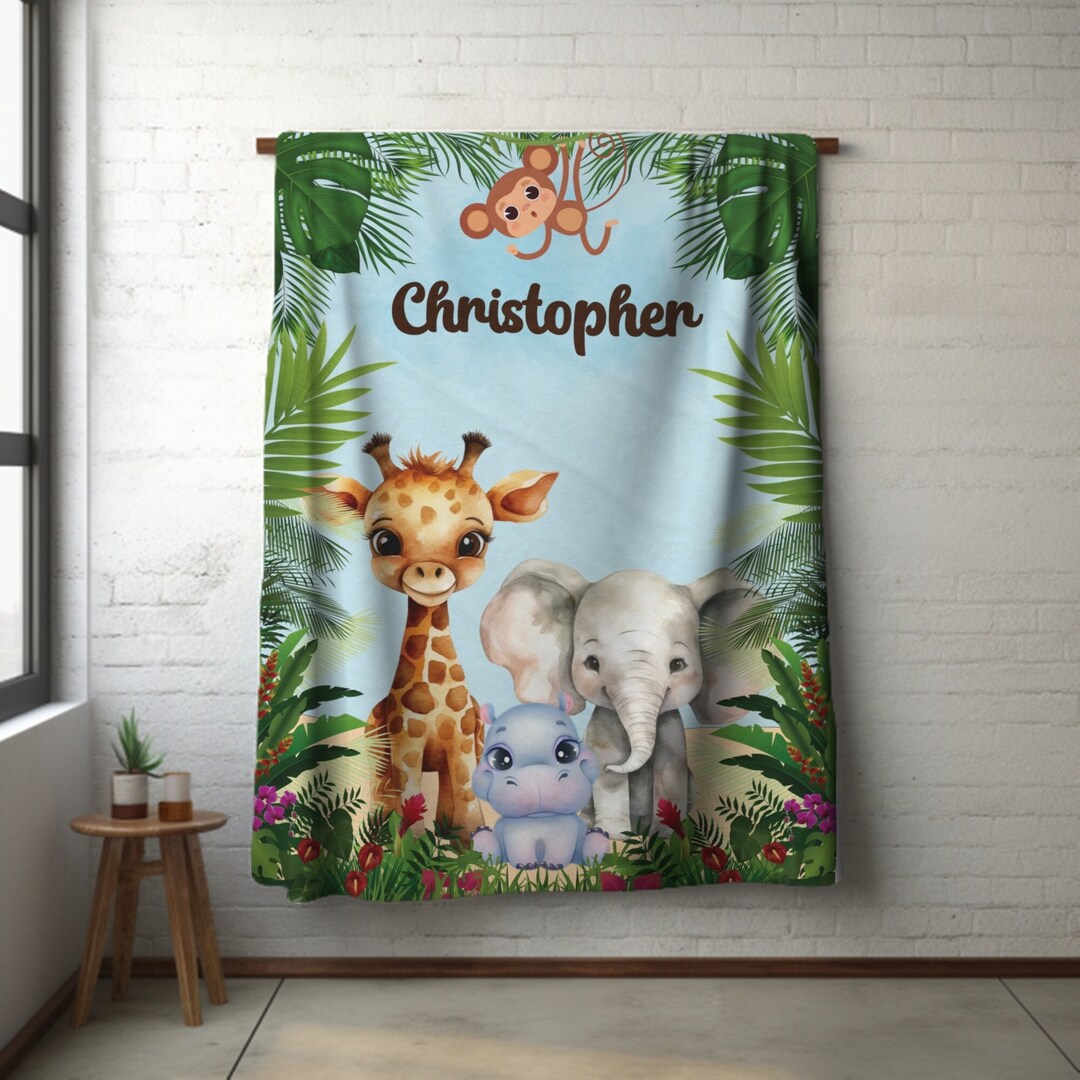 Personalized Jungle Safari Baby Blanket With Giraffe Elephant Etsy