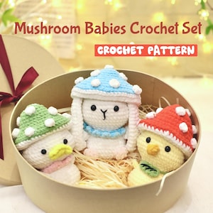 Mushroom Babies Crochet Plush Set: Bunny, Chick, Duckling (PDF Pattern)