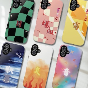 May include: Six phone cases with unique designs. The cases feature various patterns, including a green and black checkerboard, pink and white squares, and a yellow geometric design. Each case has Japanese text and decorative elements.
