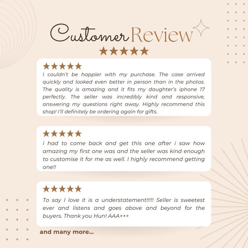 May include: A customer review graphic with the words "Customer Review" in a decorative font. The graphic includes multiple customer testimonials with five-star ratings, praising the product quality and seller responsiveness.