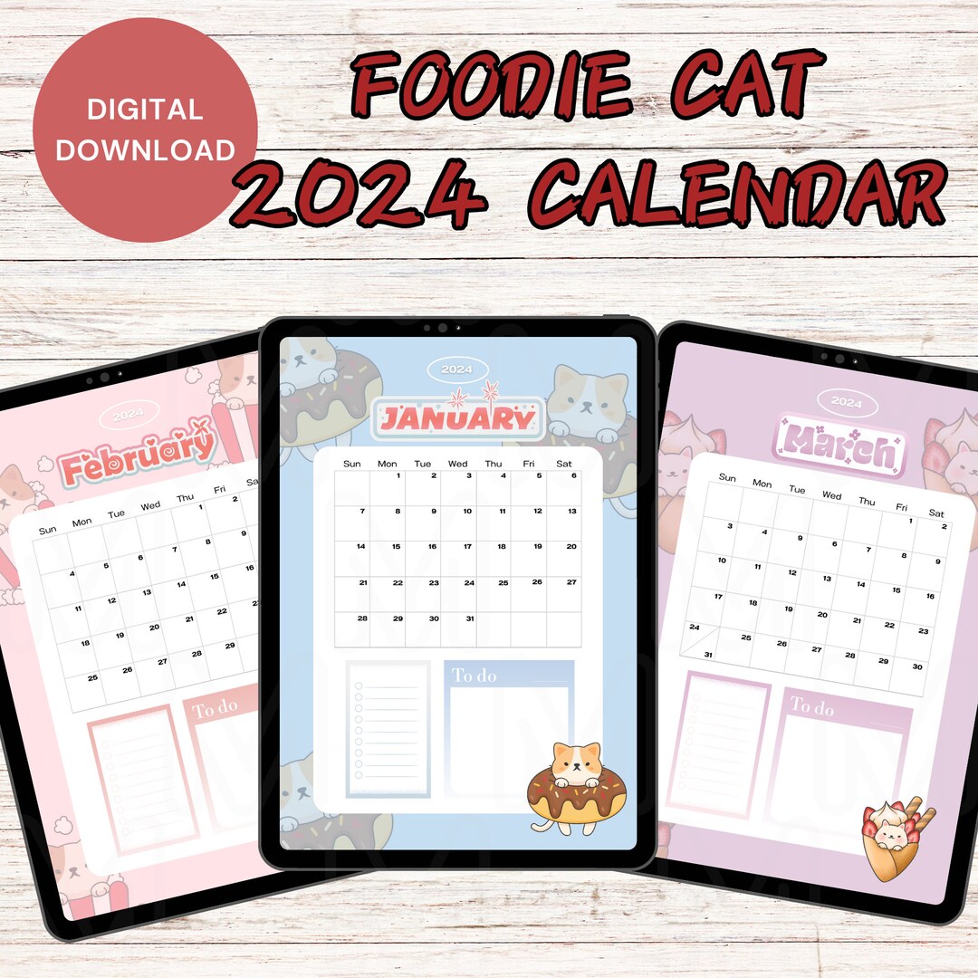 Kawaii Foodie Cat 2024 Calendar Digital Printable, PDF & PNG Tablet