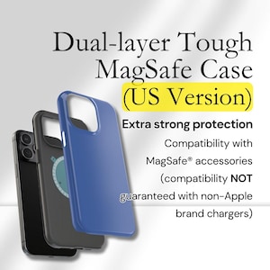 May include: A blue, black, and gray dual-layer MagSafe phone case. The image includes the text "Dual-layer Tough MagSafe Case (US Version)" and highlights extra strong protection and compatibility with MagSafe accessories.