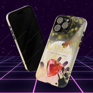 🎵 Alien Stage Phone Case Designs:
💛 ALNST LUCA: Yellow background with moon imagery from "Ruler of My Heart", violin from "Blink Gone", and twin heart gems. Features the quote: "Live with love".love".