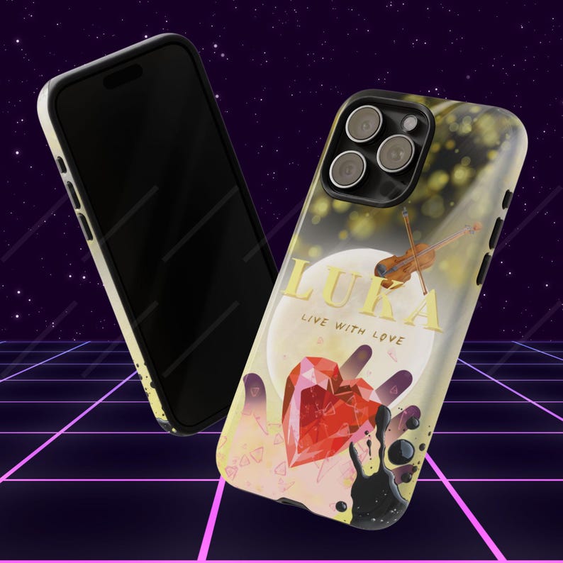 🎵 Alien Stage Phone Case Designs:
💛 ALNST LUCA: Yellow background with moon imagery from "Ruler of My Heart", violin from "Blink Gone", and twin heart gems. Features the quote: "Live with love".love".