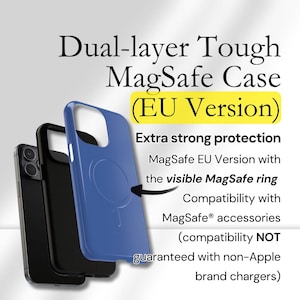 May include: A dual-layer tough MagSafe case in black and blue. The image shows the case with the text "Dual-layer Tough MagSafe Case (EU Version)" and "Extra strong protection". The case is designed for compatibility with MagSafe accessories.