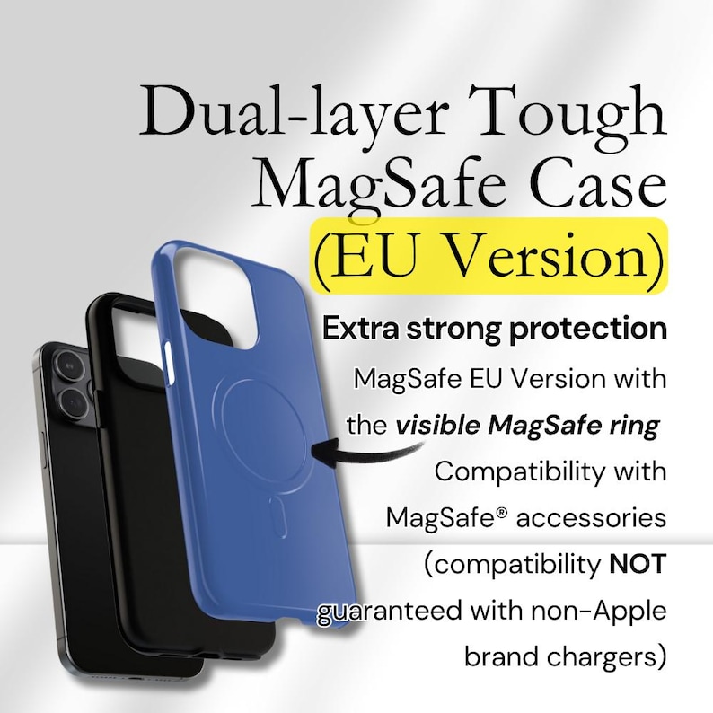 May include: A dual-layer tough MagSafe case in black and blue. The image shows the case with the text "Dual-layer Tough MagSafe Case (EU Version)" and "Extra strong protection". The case is designed for compatibility with MagSafe accessories.