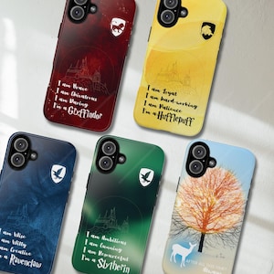 May include: A collection of phone cases with various designs and colors. Each case features a different house crest and quote from the Harry Potter series. The cases are red, yellow, blue, green, and light blue.