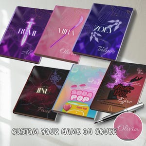 May include: A collection of personalized notebooks with various designs and names on the covers. The notebooks feature vibrant colors, including purple, pink, and blue, with decorative elements and the text "CUSTOM YOUR NAME ON COVER". A pen and a round notebook with the name "Olivia" are also present.