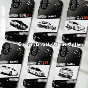 Aangepaste anime-initial D geïnspireerd dubbellaags iPhone Samsung stoer telefoonhoesje, klassieke autoliefhebber AE86 Supra Impreza GTR, gepersonaliseerd naamcadeau