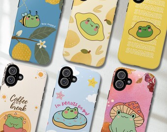 Coque de téléphone résistante double couche Grenouille mignonne pour iPhone Samsung, ambiance estivale kawaii et esthétique automnale, cadeau pour les propriétaires de grenouilles, les gourmets et les amateurs de café