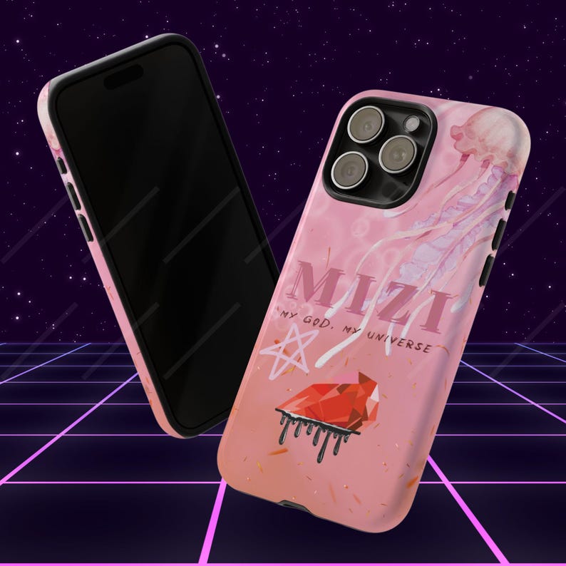 🎵 Alien Stage Phone Case Designs:
💗 ALNST MIZI: Soft pink background with "MY CLEMATIS" stage elements, flames from "Karma", a half-heart gem, and jellyfish motifs. Features the quote: "My God. My universe".