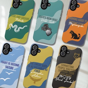 May include: Ten different phone cases with colorful backgrounds and unique designs. Each case features a different quote and a graphic. The quotes include "Fair and Square", "Date's Iron Wall", "Training Hard to Become Strong", "Habit is Second Nature", "The Sweat Shed is as Valuable as Cold", and "Connecting People Together Through Their Hard Work".