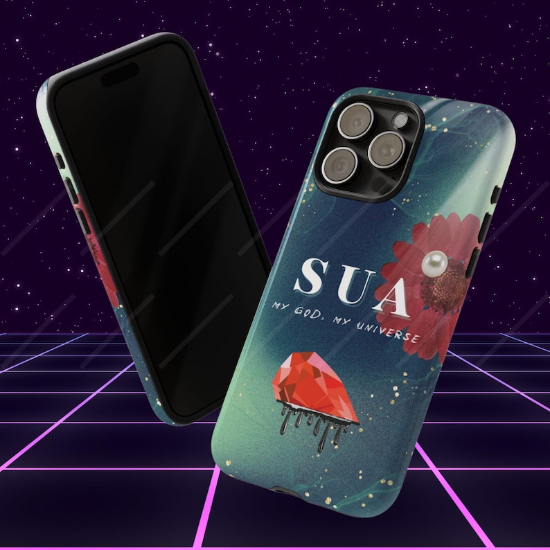🎵 Alien Stage Phone Case Designs:
🖤 ALNST SUA: Black and dark green background inspired by "Sweet Dream", a red flower from "Karma", pearl earrings, and half-heart gem. Features the quote: "My God. My universe".