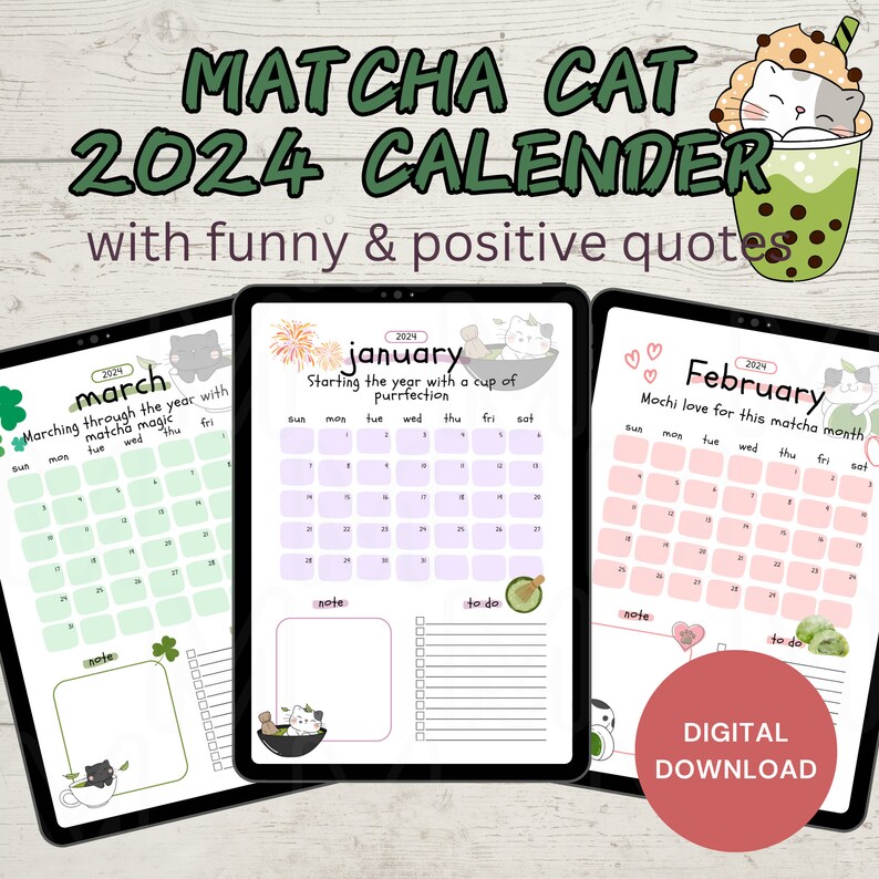 kmabvb Kawaii Cat Matcha Calendar With Funny Affirmation Quotes Etsy