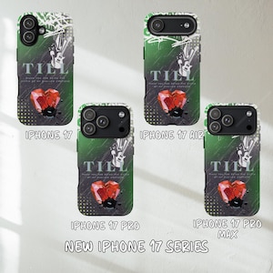May include: A collection of iPhone 17 series phone cases. Each case features a green and black design with the word "TILL", a red heart, and a guitar illustration. The cases are labeled "iPhone 17", "iPhone 17 Air", "iPhone 17 Pro", and "iPhone 17 Pro Max".