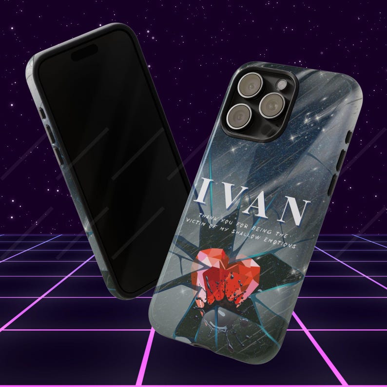🎵 Alien Stage Phone Case Designs:
💙 ALNST IVAN: Dark blue background with shooting stars from "Black Sorrow", broken glass from "Cure", and a heart gem. Features the quote: "Thank you for being the victim of my shallow emotions".