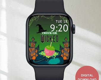 Trick or Wicked Elphaba inspiré Apple Watch numérique papier peint, écran de montre intelligente à téléchargement instantané, mignon Halloween bonbons pomme chaudron sorcière