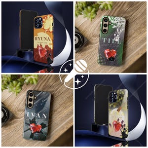 May include: A collection of phone cases with unique designs. One case features the name "HYUNA" with a heart graphic, another displays "TILL", and a third showcases "IVAN". The fourth case has the name "LUNA" with a heart graphic.