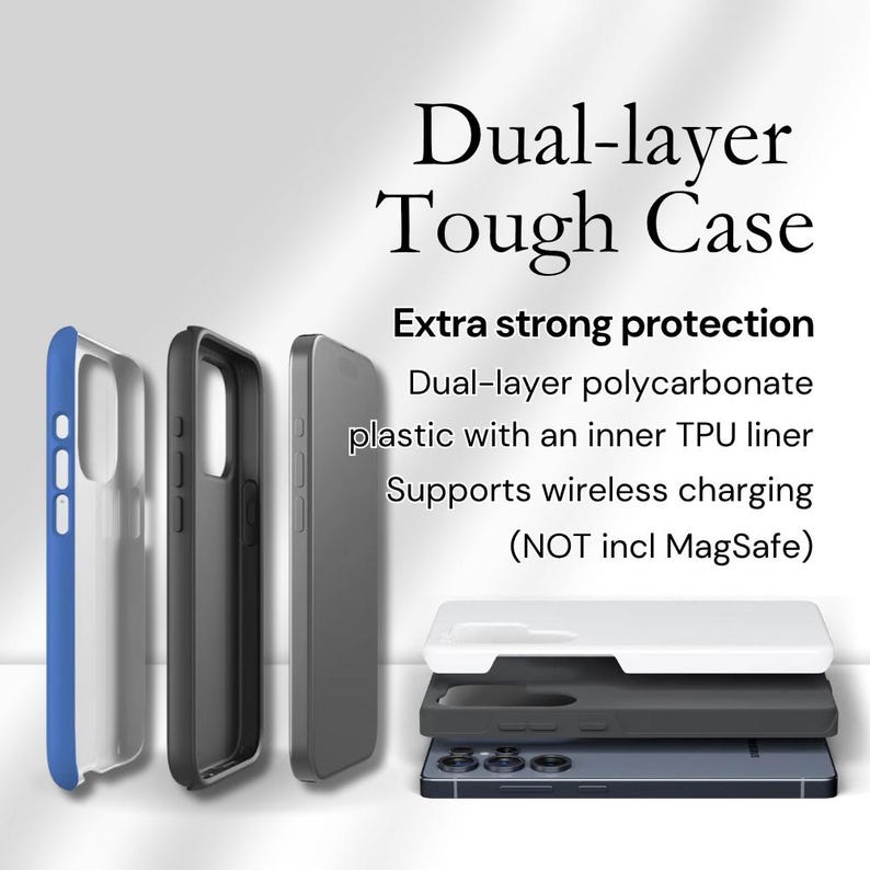 May include: Image of a dual-layer tough phone case. The case is shown in multiple pieces, including a blue and white frame, a black frame, and a gray back. Text on the image reads "Dual-layer Tough Case" and "Extra strong protection."