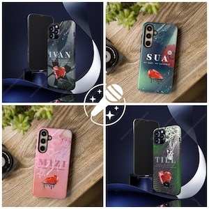 May include: Four phone cases with unique designs. One case features the name "IVAN" with a red flower and botanical elements. Another displays "SUA" with a red gem and dripping paint. The third case shows "MIZI" with a pink background. The last case has "TILL" with a red gem.
