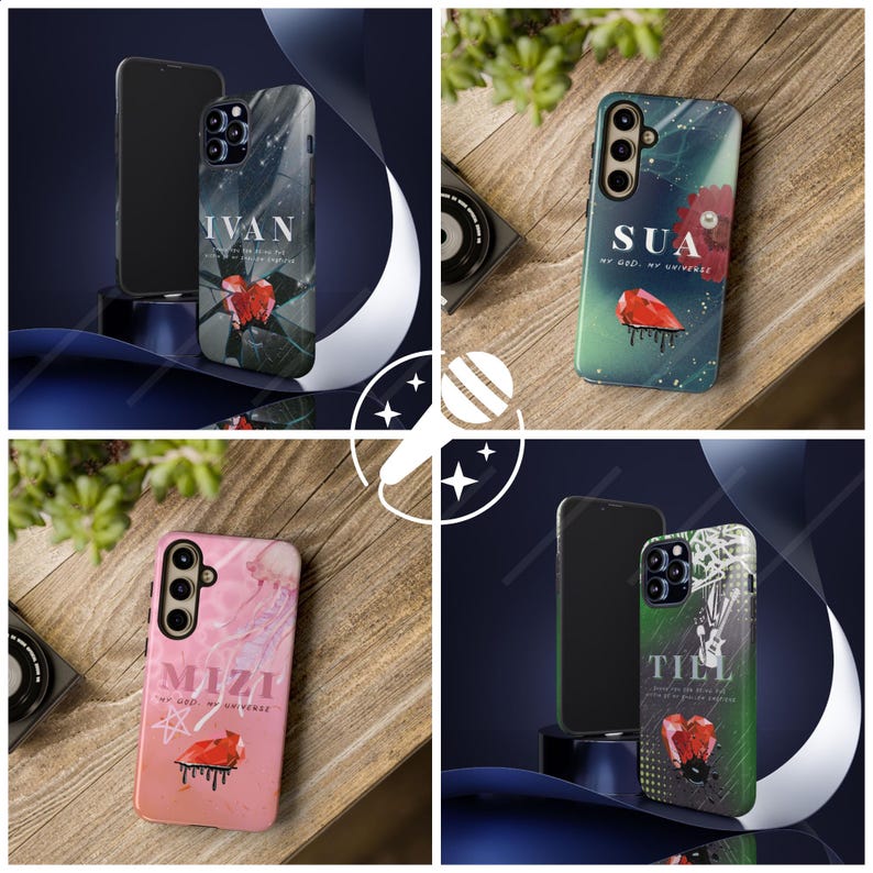 May include: Four phone cases with unique designs. One case features the name "IVAN" with a red flower and botanical elements. Another displays "SUA" with a red gem and dripping paint. The third case shows "MIZI" with a pink background. The last case has "TILL" with a red gem.